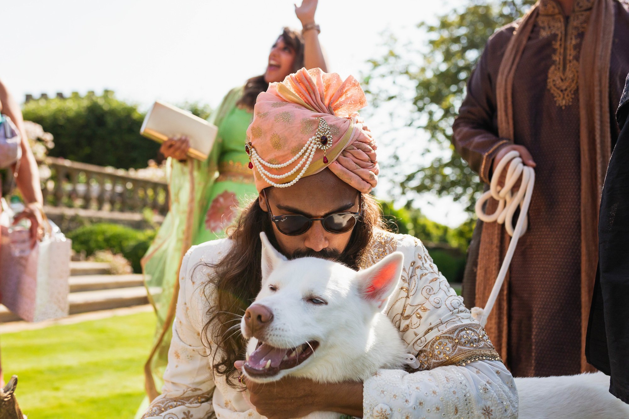 Euridge Manor, Cotswolds, Multicultural Wedding, Hindu wedding, groom arrival, white husky dog
