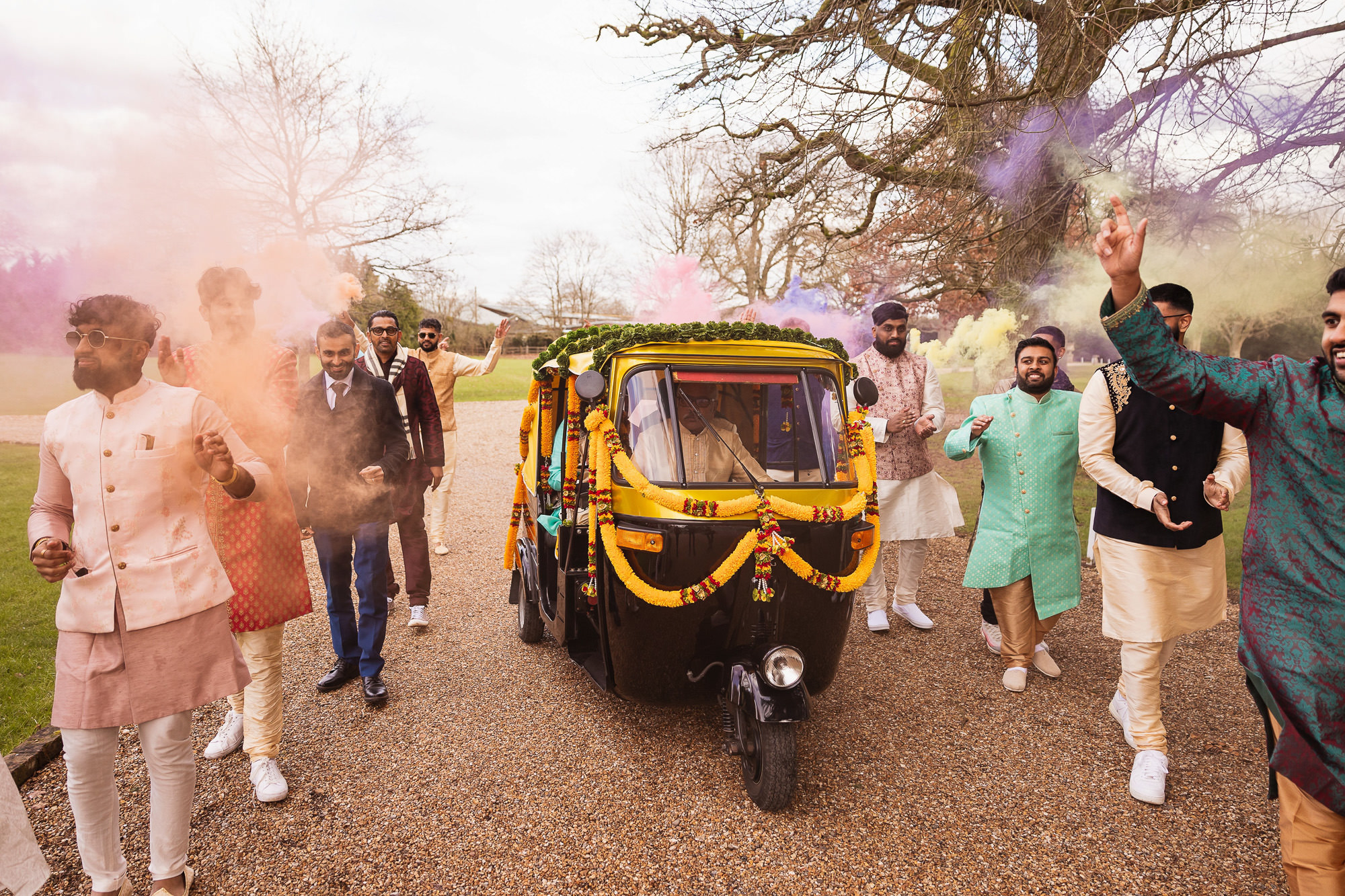 Hindu wedding photographer, Northbrook Park, Farnham, Surrey, fusion wedding, grooms arrival, rickshaw
