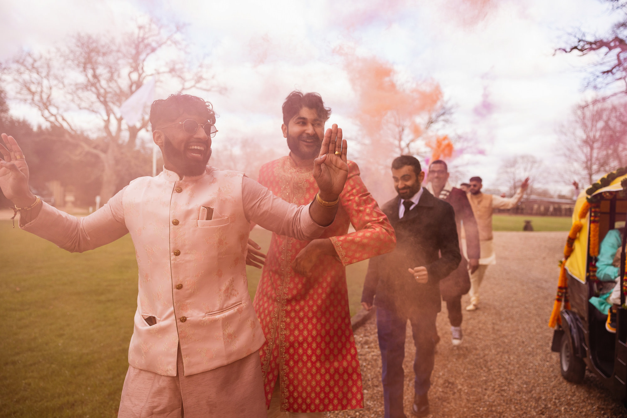 Hindu wedding photographer, Northbrook Park, Farnham, Surrey, fusion wedding, grooms arrival, rickshaw